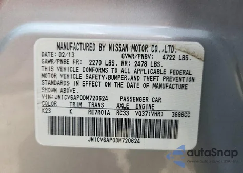 2013 Infiniti G37 Base z USA, uszkodzony, nr VIN JN1CV6AP0DM720624